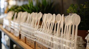 A collection of white disposable cutlery is neatly arranged on a wooden shelf in a cafe. Lush green plants are positioned in the background, adding a fresh atmosphere. photo