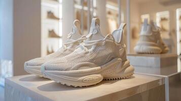 Sleek white trainers are featured on a display inside a contemporary retail store, showcasing their unique design and premium materials under soft lighting, attracting customer attention. photo