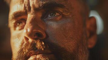 A rugged man with prominent facial hair and intense eyes looks pensive, illuminated by soft, warm light that highlights his weathered skin in a rustic setting. photo