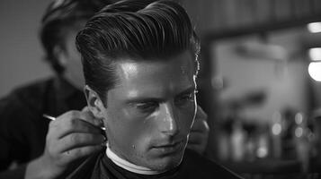 A barber skillfully styles a man's hair in an elegant barbershop atmosphere emphasizing traditional grooming methods. The man appears focused and relaxed during the haircut. photo