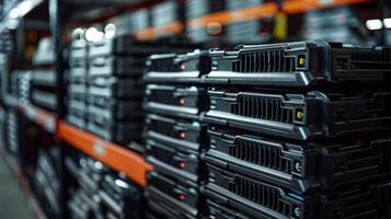 Rows of high tech equipment are neatly stacked on shelves in a warehouse, highlighting efficient storage practices. The setting is well lit and organized. photo