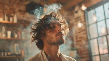 A young man with curly hair sits peacefully in a warm cafe filled with soft light. Smoke curls around him as he lost in thought, creating a serene atmosphere. photo