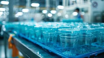 A large tray filled with clear plastic cups is placed on a surface within a factory. Workers are seen in the background engaging in production tasks under bright lights. photo