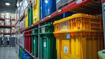 A variety of colorful storage containers are neatly arranged on shelves in a well lit warehouse, showcasing an organized inventory management system. photo