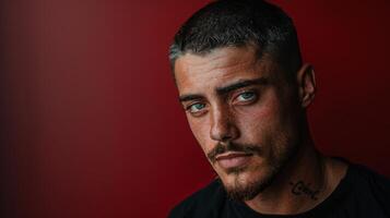 A young man with short hair and prominent facial features gazes intensely at the camera. His blue eyes and freckles stand out against the solid red backdrop, creating a captivating visual. photo