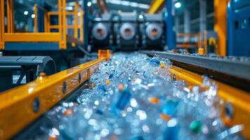 A conveyor belt is lined with discarded plastic bottles, highlighting the recycling process in an industrial setting during daylight hours. Workers focus on sorting and processing. photo