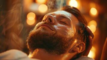 Man enjoys a rejuvenating facial treatment, adorned in a spa robe, as warm steam envelops him in a tranquil setting illuminated by soft lights. photo