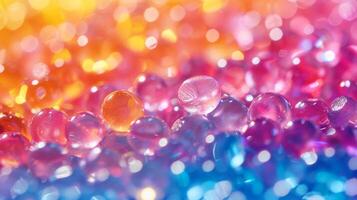 A collection of translucent orbs in various colors reflects light beautifully, showcasing a rainbow effect during an artistic endeavor in a warm environment. photo