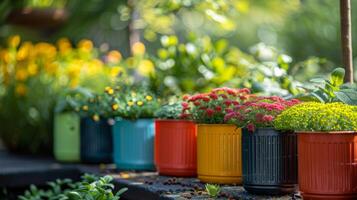 Brightly colored pots full of various flowers are lined along a stone path in a garden. Lively plants surrounding the area create a serene atmosphere during a sunny day in spring. photo