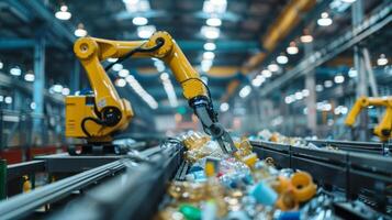 A robotic arm moves efficiently to sort plastic bottles and other recyclables, on a conveyor belt inside a busy industrial facility under bright lighting conditions. photo