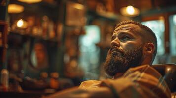 A man with a prominent beard sits in a vintage barber chair, deep in thought while waiting for his haircut in a warmly lit barber shop with rustic decor. photo