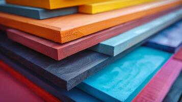 Assorted wooden boards in various bright colors are neatly stacked, showcasing an inviting artistic atmosphere in a craft workshop during daylight. photo