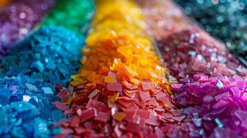 Assorted vibrant plastic chips are displayed in neat rows, showcasing an array of colors from deep blue to bright yellow and red, illuminated by natural light in an art studio. photo