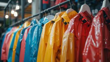 Rows of shiny, colorful waterproof jackets hang neatly in a retail store, highlighting a variety of styles perfect for rainy days and outdoor activities in a modern environment. photo