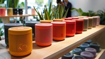 Various colorful portable speakers line a wooden shelf in a bright shop filled with plants and people engaged in conversation, highlighting contemporary audio innovation. photo