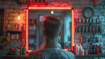 A customer sits in a barber chair, facing a mirror framed by vibrant neon lights, while the barber shop buzzes with activity in the background during the evening. photo