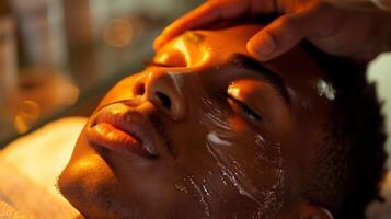 A person enjoys a calming facial treatment with a gentle hand applying a soothing mask. The warm glow of the late afternoon sun creates a tranquil atmosphere. photo