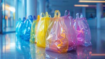 Brightly colored transparent bags in shades of blue, yellow, and pink are neatly lined up on a glossy floor in a contemporary shopping environment filled with natural light. photo