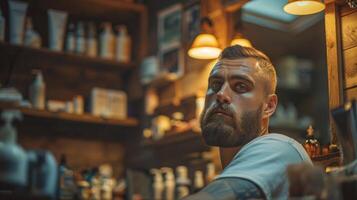 A man sits at a barber shop, gazing towards the camera as the barber prepares for a haircut. The warm lighting and wooden decor create a friendly setting for grooming. photo