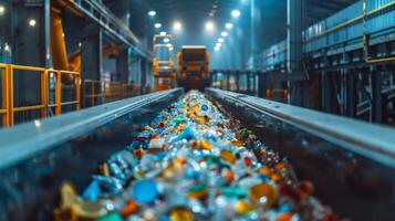 Conveyor belt transports mixed plastic waste through a recycling facility, illuminated by overhead lights, showcasing the importance of waste management and recycling practices. photo
