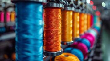 Vibrant spools of thread in assorted colors are neatly arranged in a textile factory. The setting is well lit, emphasizing the rich tones of each spool during a busy workday. photo