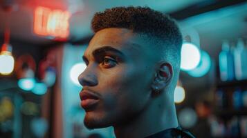 A young man is seen with a fresh haircut in a barbershop, surrounded by colorful lights that create a vibrant atmosphere during the evening hours in an urban environment. photo