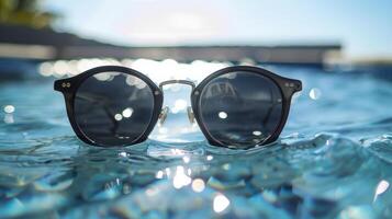 Stylish sunglasses float on the surface of sparkling blue water, illuminated by bright sunlight, creating a refreshing summer vibe and inviting relaxation by the pool. photo