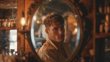 A young man gazes into a round mirror in a cozy bar. The warm lighting enhances the intimate setting, creating a reflective moment during a peaceful evening. photo
