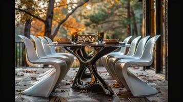 A modern dining table with sleek white chairs is set outside, showcasing elegant tableware amidst colorful autumn foliage during sunset, creating a cozy atmosphere. photo