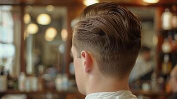 A young man with a medium fade haircut sits in a barbershop, his hair slicked back. The setting is bright with mirrors and light fixtures illuminating the space, creating a vibrant atmosphere. photo