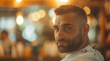 A man sits in a barber chair, showing off a fresh haircut while looking back with a confident smile. The background features warm, glowing lights and a lively atmosphere in a barbershop. photo