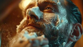 Man focuses on applying shaving cream on his face in a well lit bathroom, preparing for grooming and personal care in the morning light, creating a calm atmosphere. photo