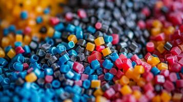 Close up view of colorful plastic granules in various shapes, showcasing bright shades of blue, red, yellow, and black, ideal for different manufacturing applications and creative projects. photo