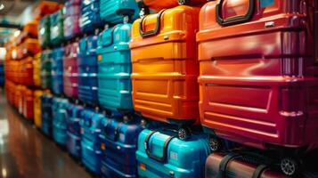 A vibrant display features an assortment of colorful suitcases stacked neatly in a lively travel store, ready for customers to choose from for their adventures. photo