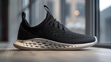 A sleek black athletic shoe is showcased on a wooden surface, with natural light streaming through a large window. The design features ventilation holes and a modern silhouette. photo