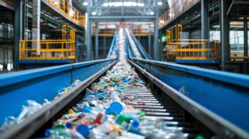 Plastic bottles and containers are being transported along a conveyor belt in a recycling facility, where they are sorted for processing. The industrial space is bright and functional. photo