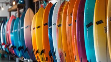 A series of colorful surfboards displayed in a surf shop, featuring a variety of designs and sizes, with natural light illuminating the vibrant colors on a clear day. photo