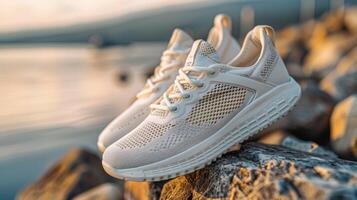 A pair of fashionable white sneakers is placed on rocky terrain by the water's edge as the sun sets, casting a warm glow that highlights the shoe's design and texture. photo