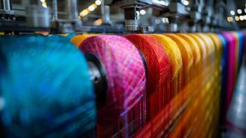 Vibrant yarns in orange, pink, and blue are displayed on spools in a textile factory, highlighting the detailed process of thread production under soft factory lighting photo