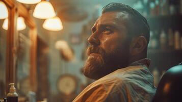 A man with a beard sits in a barber chair, looking contemplative while getting a haircut in a cozy barber shop. The warm, inviting atmosphere is enhanced by soft lighting. photo
