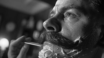 Inside a traditional barbershop, a man sits with shaving cream on his face, while a barber carefully combs his well groomed mustache, preparing for a close shave. photo