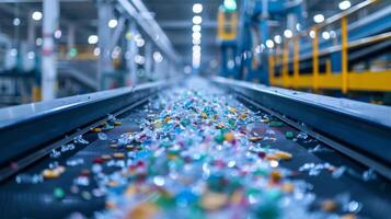 Various pieces of colorful plastic waste scatter on a conveyor belt in a recycling plant, highlighting the sorting process during daytime operations in an industrial setting. photo