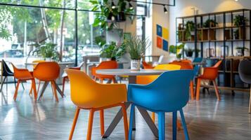Brightly colored chairs surround circular tables in a modern cafe filled with natural light from large windows, showcasing lush greenery and contemporary decor. photo