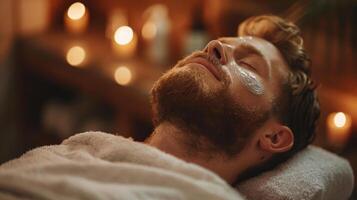 A man is reclining comfortably with a facial mask applied, surrounded by flickering candles and a peaceful atmosphere that promotes relaxation and rejuvenation. photo