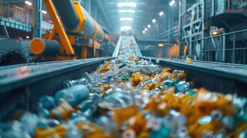 Brightly lit sorting facility displays a conveyor belt loaded with various plastic bottles moving for recycling, highlighting efficient waste management processes. photo