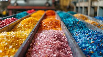 Brightly colored granules of recycled plastic are neatly arranged in multiple bins. The setting appears to be an industrial facility with natural light illuminating the scene. photo
