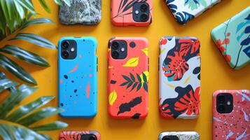 Various smartphone cases in bright colors and patterns are arranged neatly on a sunny yellow background, surrounded by green foliage, showcasing modern designs and artistic flair. photo