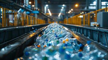 Plastic bottles are being processed on a conveyor belt at a recycling facility, with machinery operating and bright lights illuminating the workspace in the background. photo
