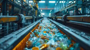Plastic bottles and containers are flowing along a conveyor belt in a waste processing facility. The environment is bright and industrial, emphasizing recycling efforts. photo