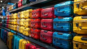 Rows of vibrant suitcases in various colors are neatly arranged on shelves within a retail setting. Shoppers can explore options for their travel needs, highlighting the variety available. photo